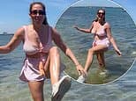 Stacey Solomon wows in a pink bikini top as she larks around in the sea during lavish Miami trip