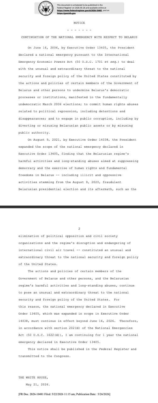 [Photo] 🇺🇸🇧🇾The White House has extended the state of emergency and US sanctions against the B [...]