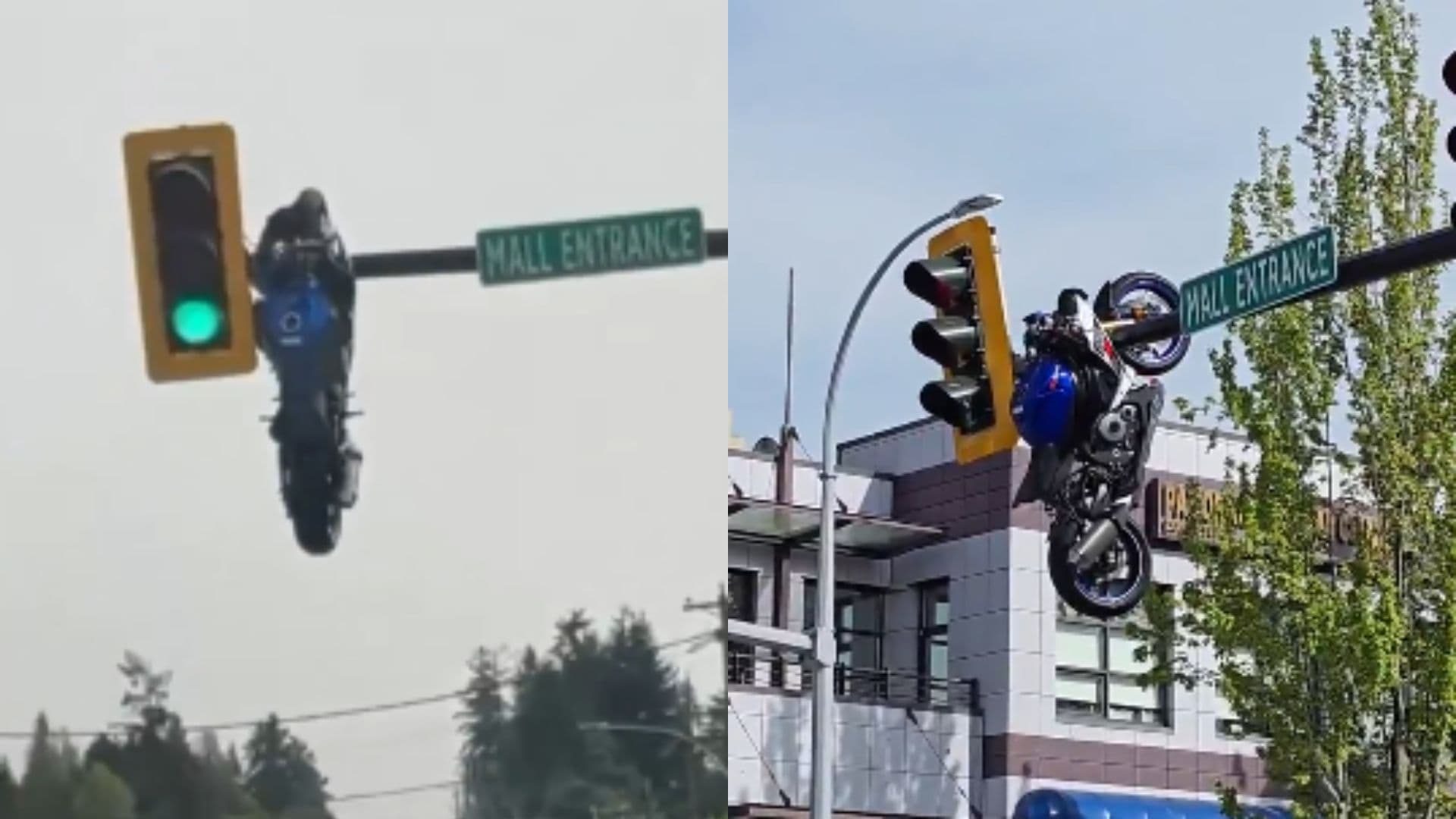 Horrifying video: Motorcycle dangles on traffic light after accident in Canada