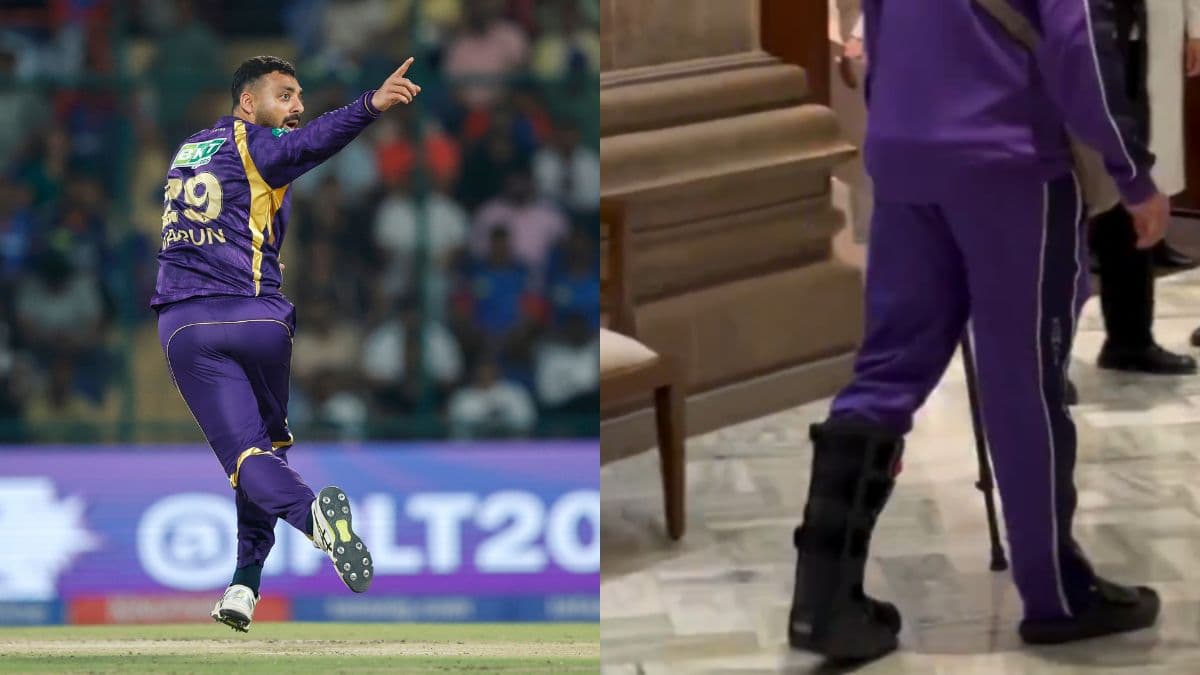 Varun Chakaravarthy walks with crutches, leg braces ahead KKR's high-voltage clash vs RCB | WATCH